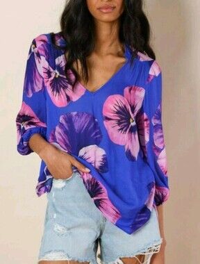 Hutch Anthropologie Pansy Floral Rayon Top Blue Pink Purple 3/4 Sleeve S